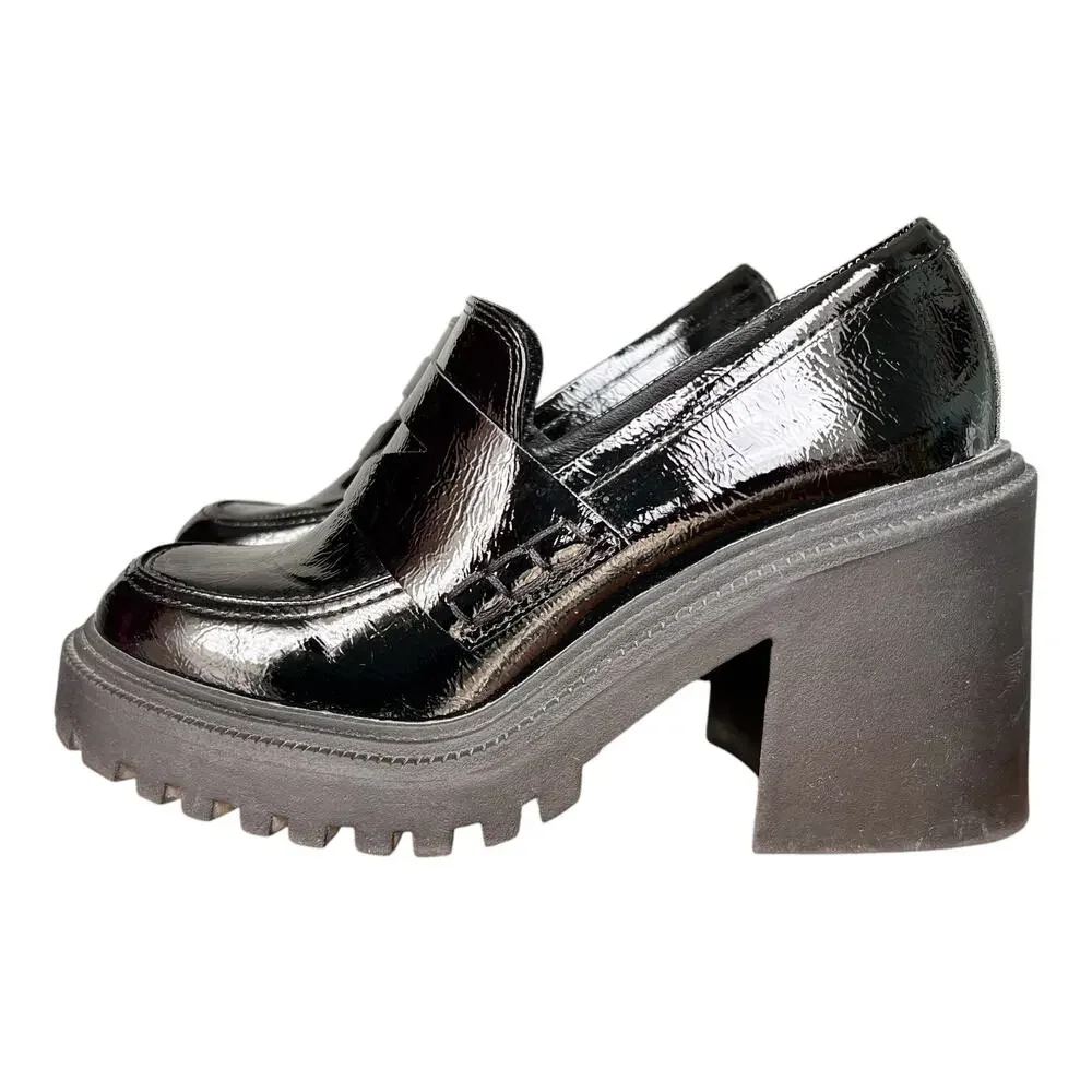 Womens Y2K Goth Chunky Loafers Sz 9 Black Patent Vegan Leather Lug Sole Platform